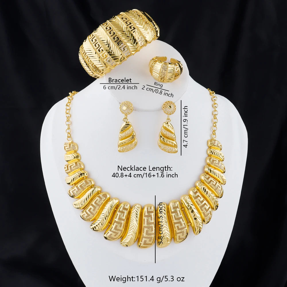 Dubai Gold Plated Earrings Jewelry Set Women's Large Pendant Necklace Indian 18K Bracelet Ring Wedding Party Luxury Jewelry