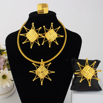 Plated Ethnic Jewelry Set for Women—Necklace, Earring Set & Bracelet—Africa Wedding Party Gift