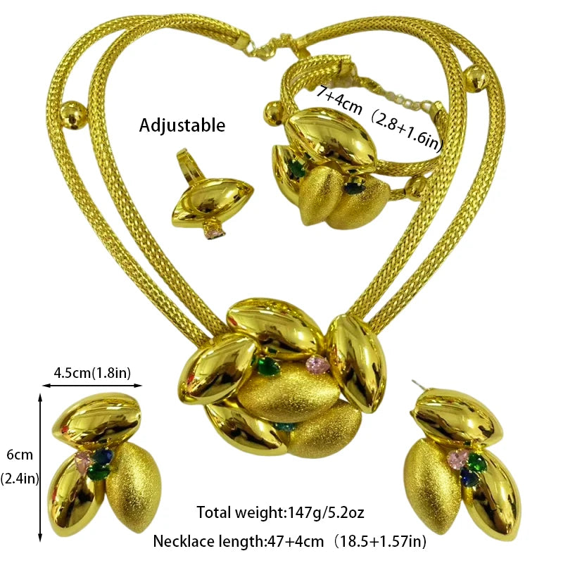 Dubai Gold Color Jewelry Set for Bridal 18K Gold Color Big Necklace and Stud Earrings African Elegant Party Bangle Ring Jewelry