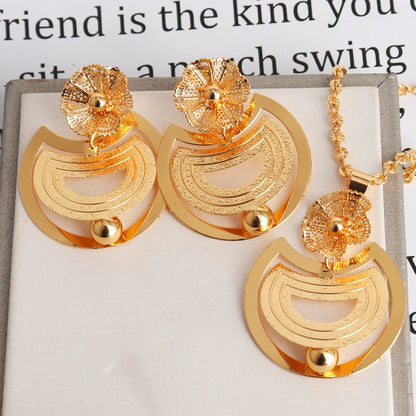 African Gold Color Women Necklace and Earrings Trend Dubai Flower Hollow Out Jewelry Set Gift For Party Wedding Daily Accessorie