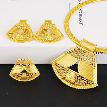 Dubai Elegant Ladies Geometric Fan-Shaped Gold-Plated Earrings Necklace Set Clavicle Chain Ear Hook for Women Holiday Gift
