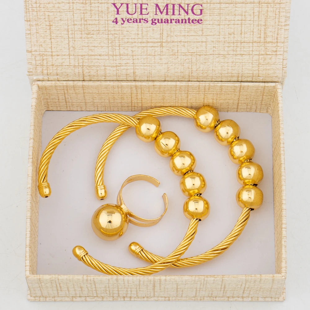 Dubai Trend Jewelry Set for Women, Gold Color Cuff Bangle with Ring, New Design, Beads Bracelet, Wedding Accessories, Bridal Jew