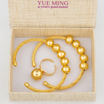 Dubai Trend Jewelry Set for Women, Gold Color Cuff Bangle with Ring, New Design, Beads Bracelet, Wedding Accessories, Bridal Jew