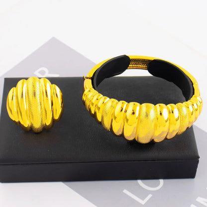 Luxury Exquisite Gold Color Openning Bangles Bracelet Ring Set for Women Cuff Bracelet Gold Color Stainless Steel Ornament Gift