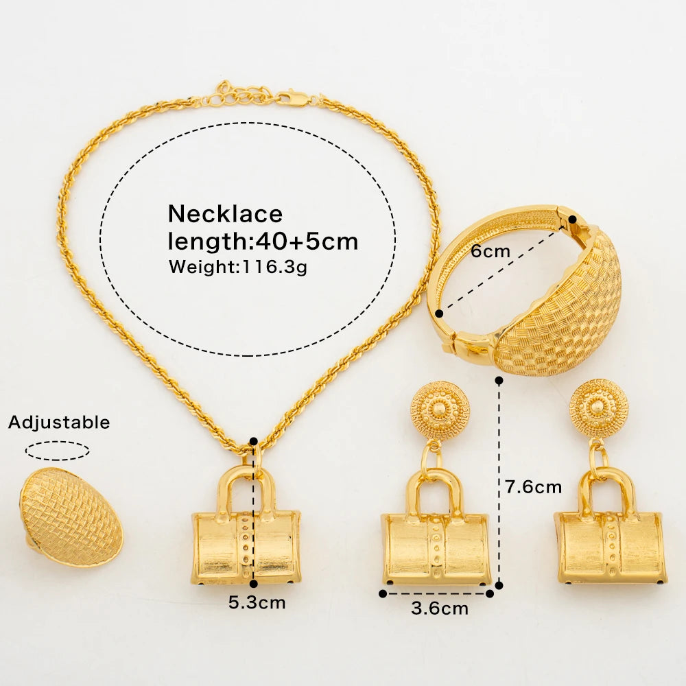 Bag Shape Jewelry Set Gold Plated Necklace Creative Drop Earrings for Women Charm Bracelet Ring Vintage Clavicle Chain Jewellery