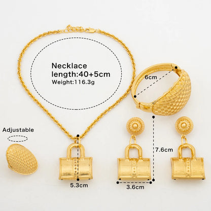 Bag Shape Jewelry Set Gold Plated Necklace Creative Drop Earrings for Women Charm Bracelet Ring Vintage Clavicle Chain Jewellery