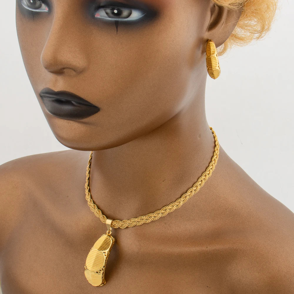 Ethiopian Gold Color Jewelry Set for Party Elegant Pendant Necklace and Hoop Earrings African Women Cuff Bangle Ring Set