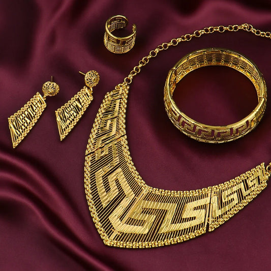 Luxury 24K Gold Plated Jewelry Set Fashion Woman Necklace Earrings Bracelet Ring set jewelry woman sets quality
