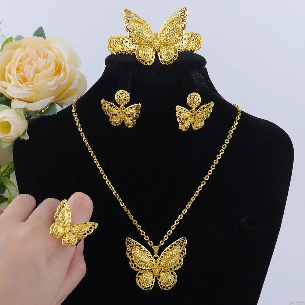 Luxury Butterfly Design Jewelry Set for Women Gold Plated Pendant Necklace Earrings Bracelet Ring Weddings Party Accessories
