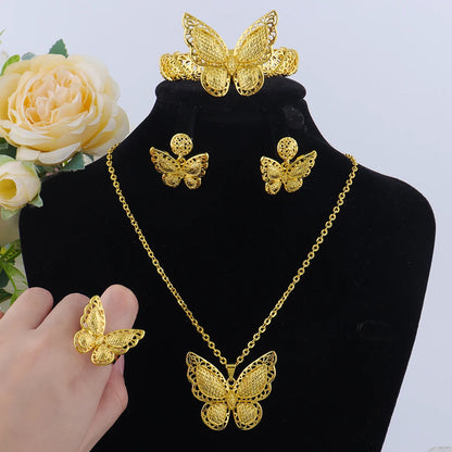 Luxury Butterfly Design Jewelry Set for Women Gold Plated Pendant Necklace Earrings Bracelet Ring Weddings Party Accessories