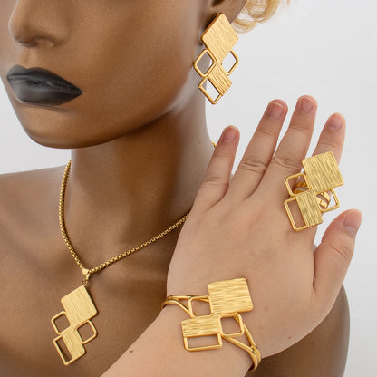 4PCS Gold Plated Jewelry Set Women Square Earrings Pendant Copper Necklace Geometry Cuff Bangles Ring Bridal Wedding Party Gifts