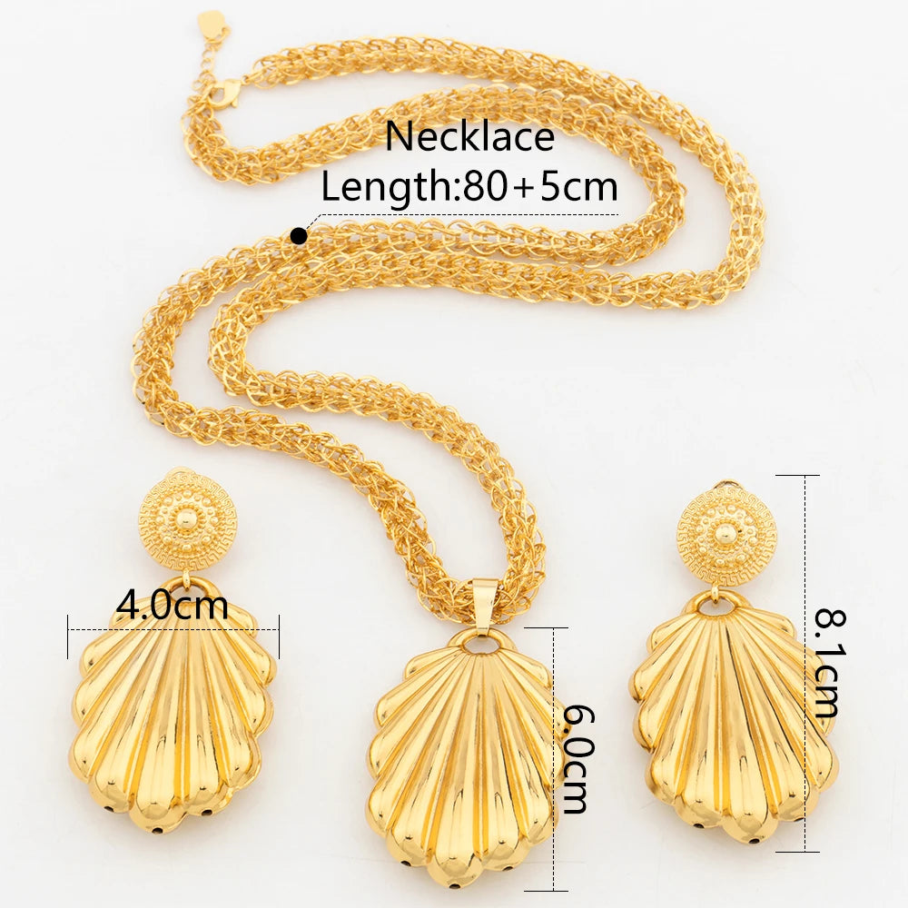 YM 2PCS Jewelry Sets for Women 80CM Copper Necklace Earrings Shell Pendant Gold Plated Luxury Nigeria Dubai Jewelry Accessories