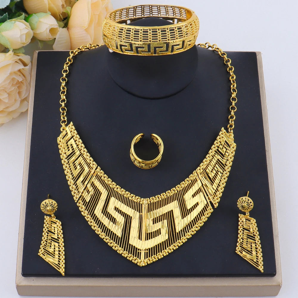 Luxury 24K Gold Plated Jewelry Set Fashion Woman Necklace Earrings Bracelet Ring set jewelry woman sets quality