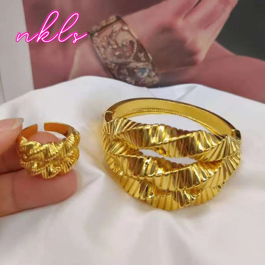 18K Gold-Plated Dubai Cuff Bangle & Ring Set for Women, African Bridal Jewelry Sets, Wedding Gift, Elegant Jewellery Woman Acces