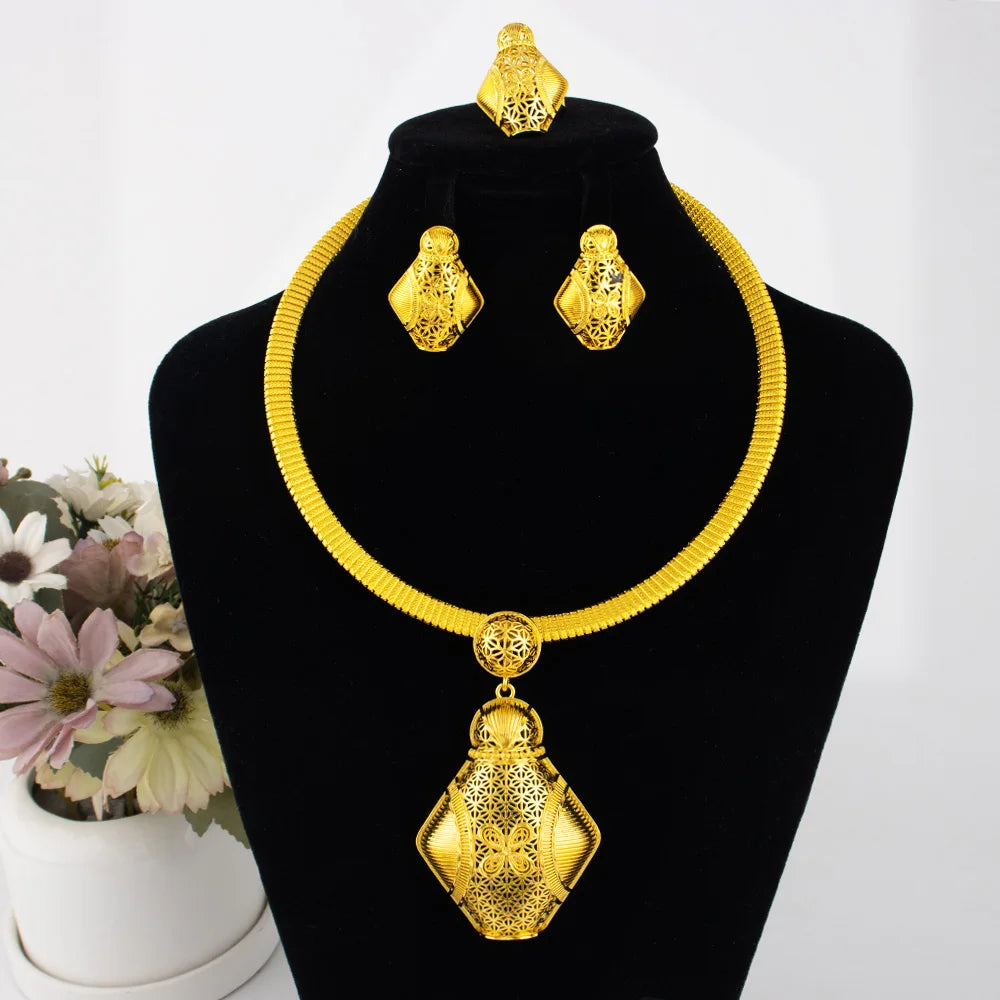 2025 Dubai -Plated Luxury 3Pcs Jewelry Set for Women – Elegant Necklace, Ring & Earrings, Bridal Gift for Nigeria Weddi