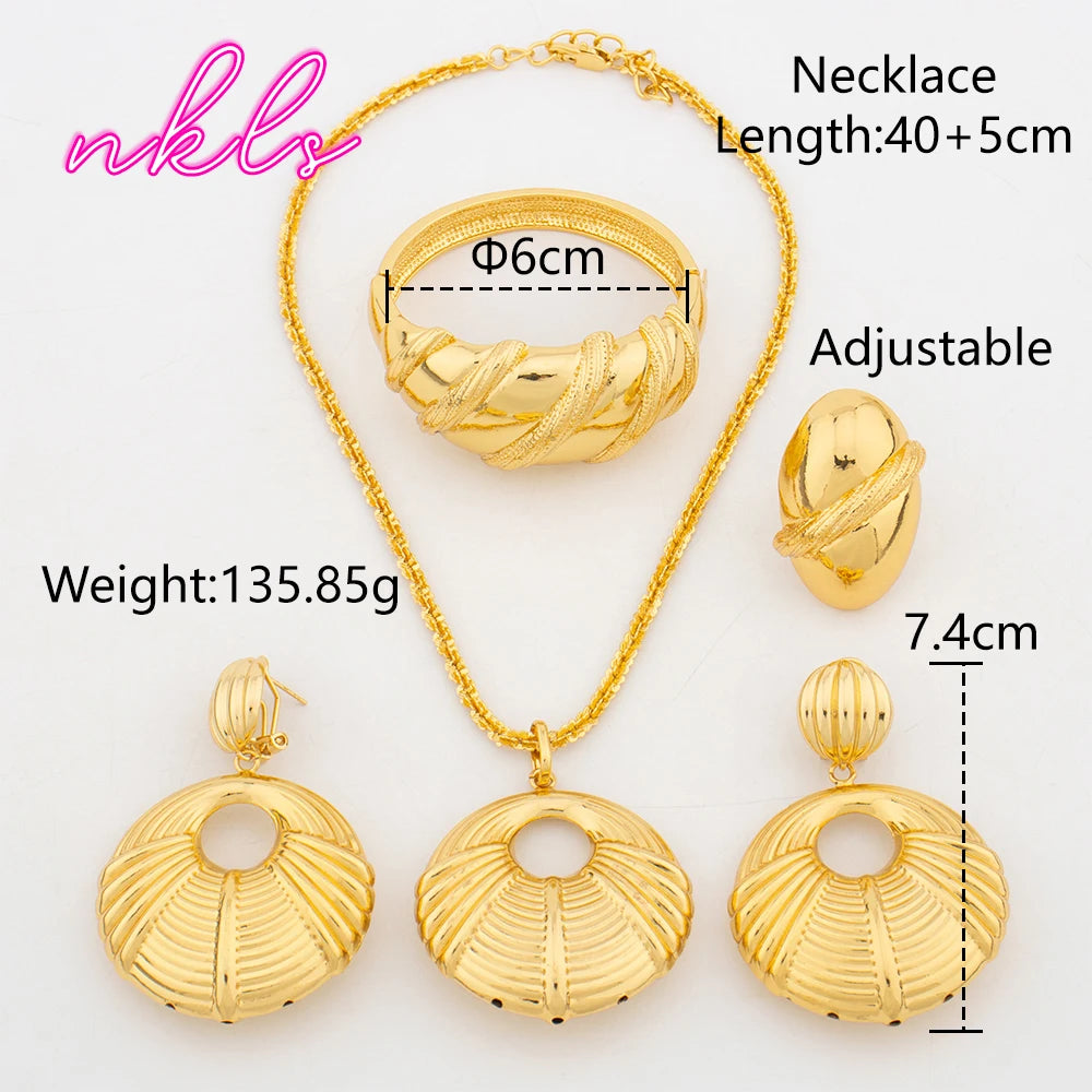 African Fashion Leaves Design Necklace Bangle Earrings Ring Set for Women Dubai Luxury Gold Color Jewelry Set Wedding Party Gift