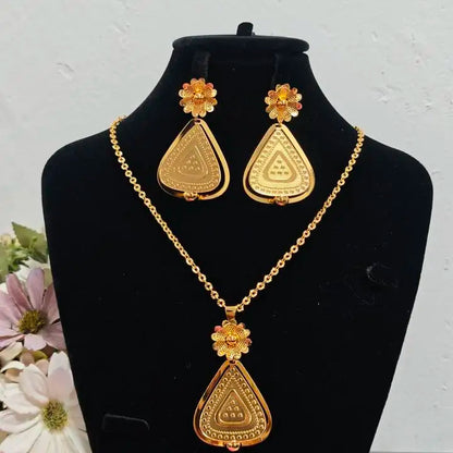 African Gold Color Women Necklace and Earrings Trend Dubai Flower Hollow Out Jewelry Set Gift For Party Wedding Daily Accessorie