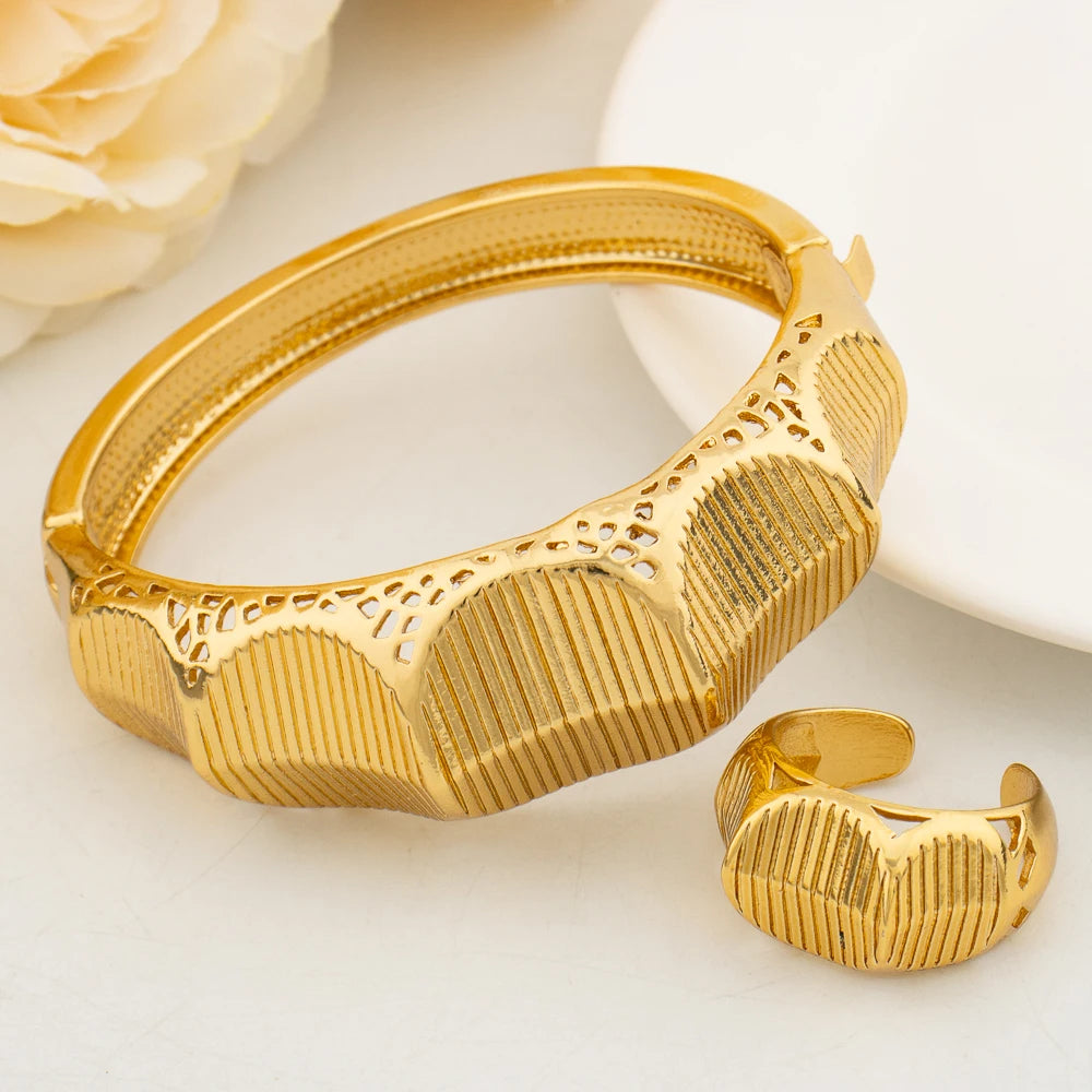 Luxury Gold Color Bangles Ring for Women African Charm Bracelets Wedding Jewellery Elegant Hand Jewelry Party Anniversary Gifts