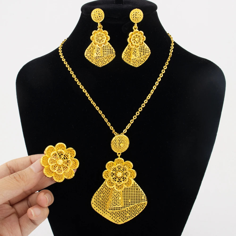 Luxury 18k Gold Plated Jewelry Set for Women Wedding Italian Jewellery Sets Bride Necklace and Earrings Ring Set Wholesale