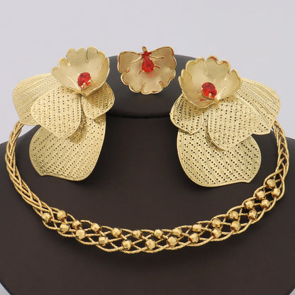 Original Dubai Flower Shape Women Copper Jewelry Sets Charming  Earrings Ring Necklace Sets Gift For African Party Valentine