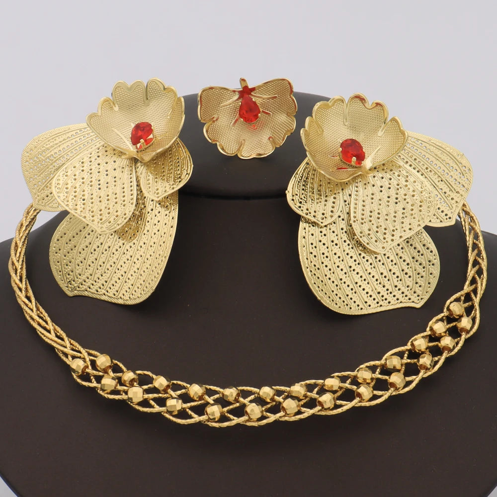 Dubai Flower Copper Jewelry Set for Women, Charming Earrings Ring & Necklace Gift for African Party Valentine, Jewelry