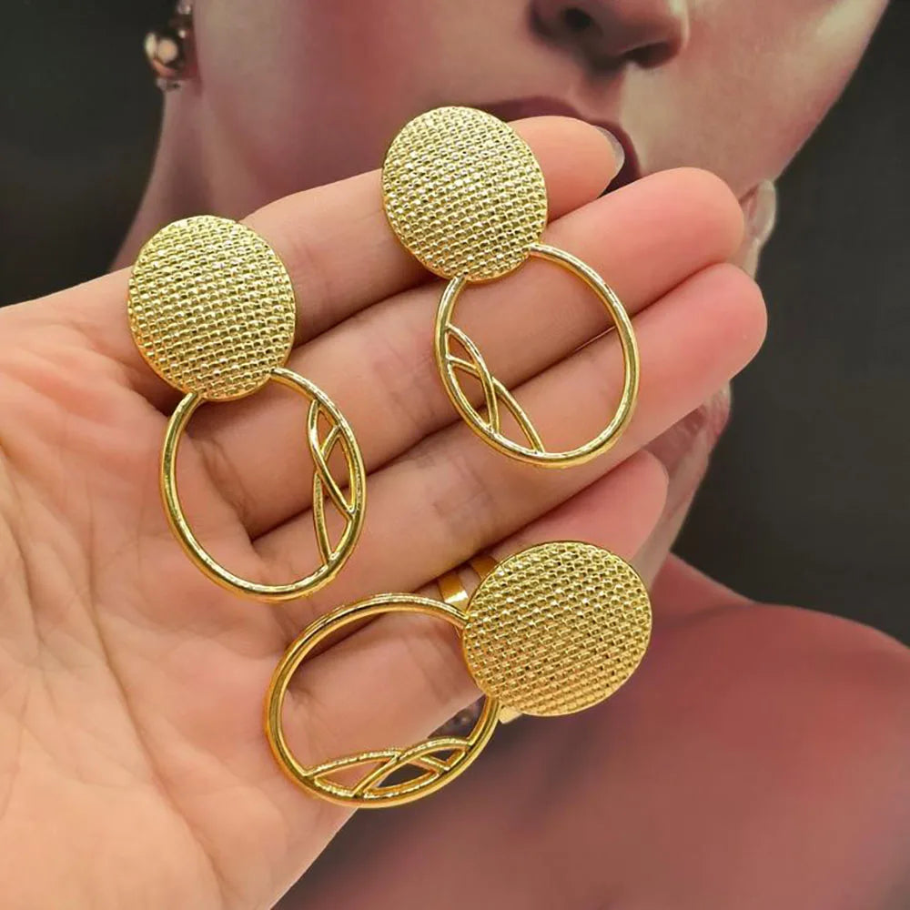 Luxury Earrings with Ring Jewelry Set for Party African Gold Color Clip Earrings Finger Ring 2Pcs Set for Nigerian Daily Wear