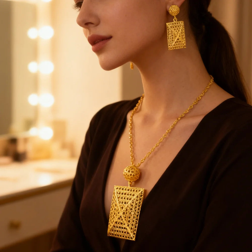 24k gold color party necklace earrings rings set luxury gold jewelry sets for woman wedding party Accessories