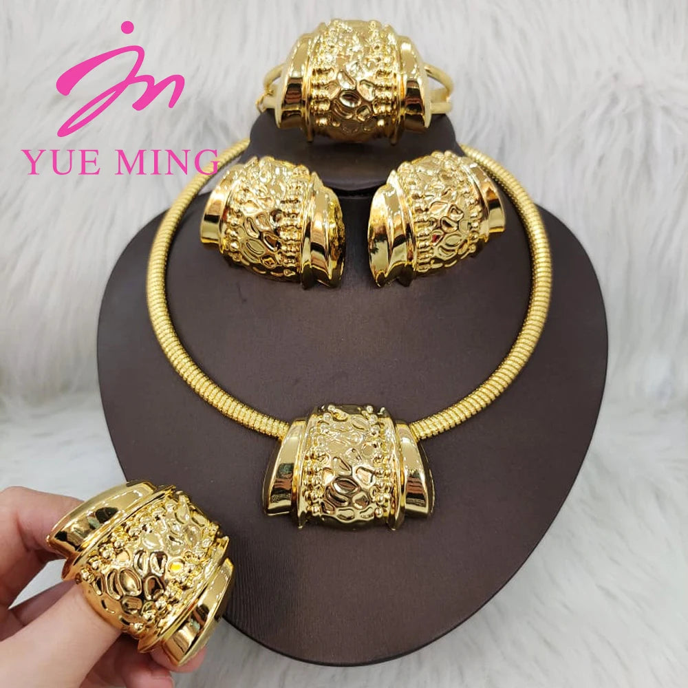 Gold Color Jewelry Sets For Women Earring Necklace Dubai Nigeria Copper Bracelet Rings Bridal Wedding Party Gifts Daily Wear - YUEMING JEWELRY