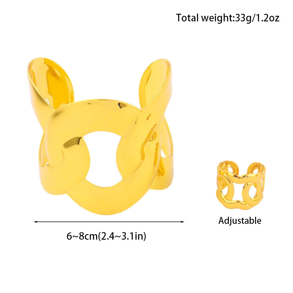 Indian Gold Color Bracelets with Ring for Women Luxury Trendy Female Dubai Circle Big Jewelry Set design Exaggerated Party Gift