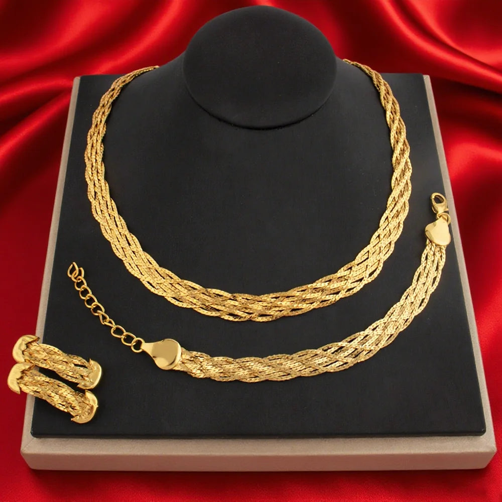 3 PCS Set 18K Gold Color Necklace Bracelet Earrings Set Dubai Africa Party Exquisite Jewelry Set For Woman Bridal Nigerian Gifts