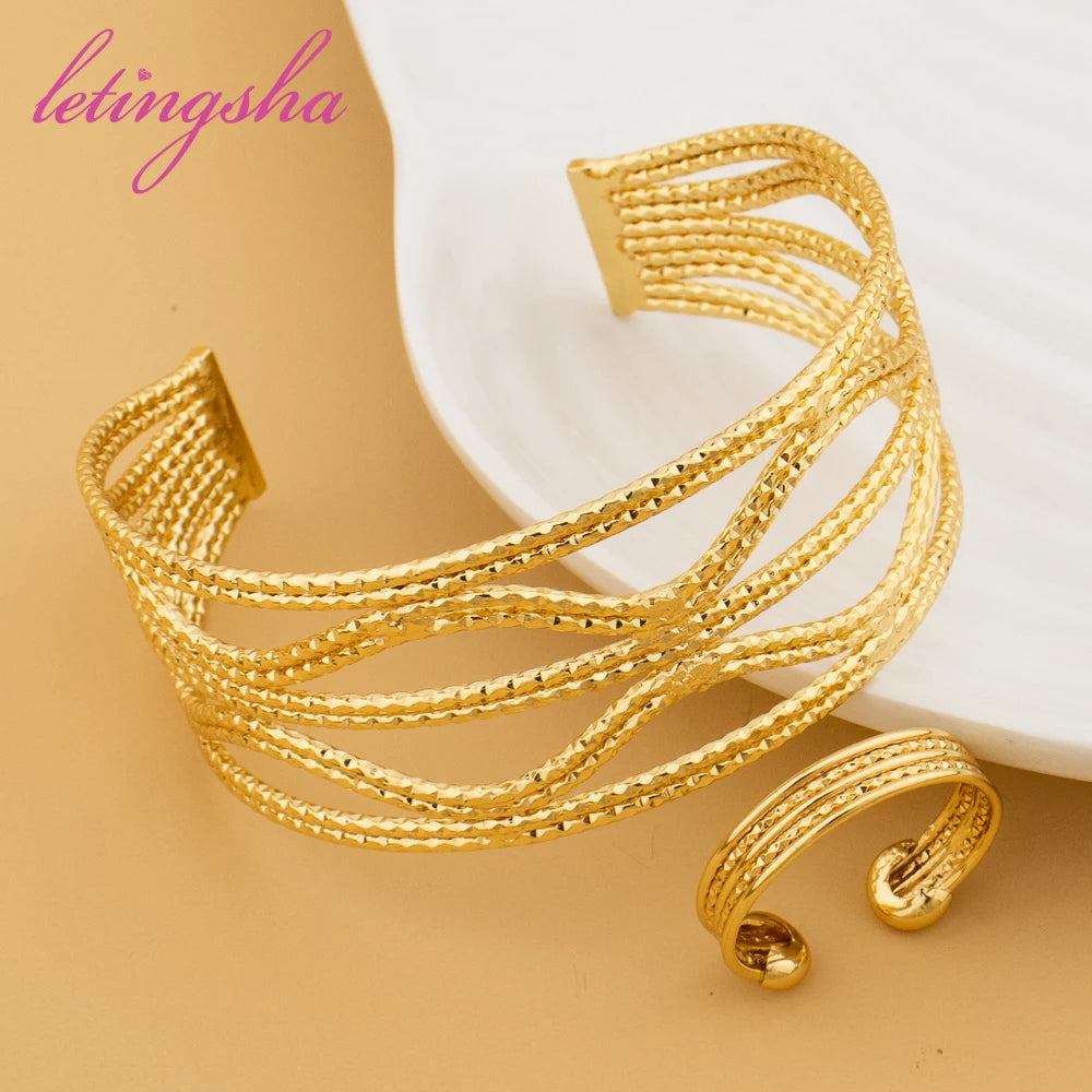 Italy Fashion Bangle Ring Set for Women Large Copper Bracelet Luxury Jewelry African Dubai Gold Color Jewelry Party Gift