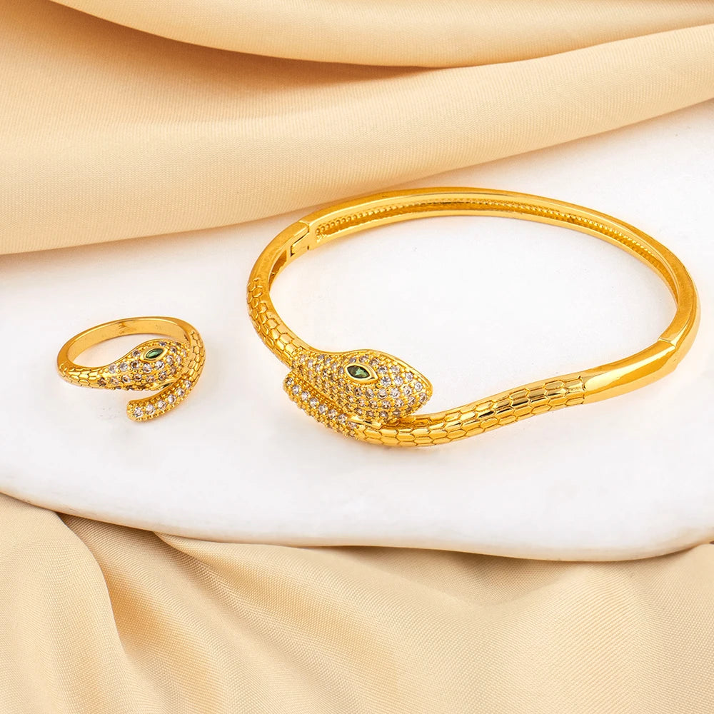 Exquisite Classic Pattern Stainless Steel Gold Color Snake Opening Zirconia Bracelet Women's Jewelry Accessories Summer Gift