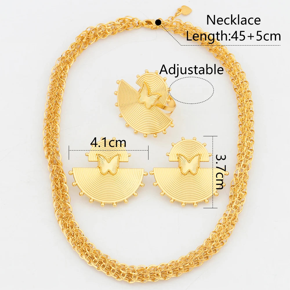 YM Dubai Jewelry Set for Women Gold Color Necklace 40cm Geometry Earrings African Adjustable Ring Bridal Dowry Jewelry Accessory - YUEMING JEWELRY