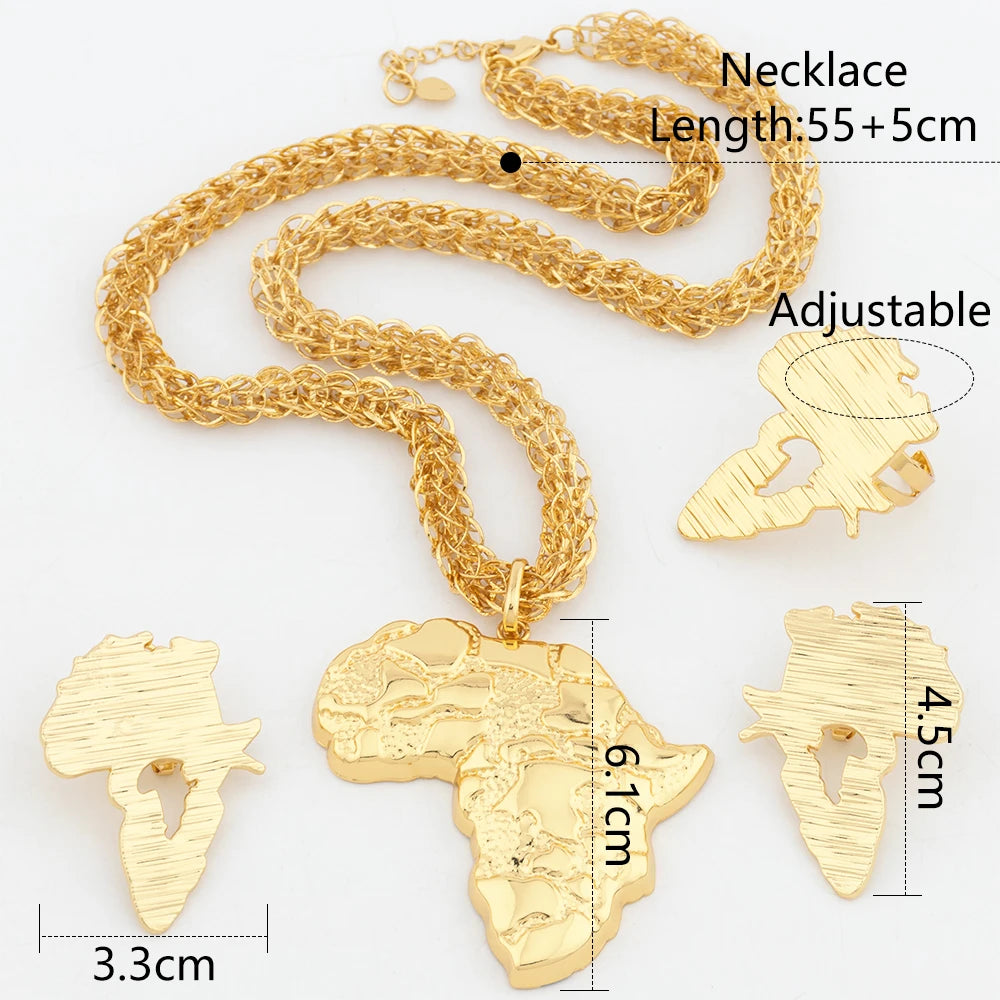 Dubai Gold Color Jewelry Sets for Women Copper Necklace African Map Pendant Earring Nigeria Bridal Wedding Party Gift 60cm Chain - YUEMING JEWELRY