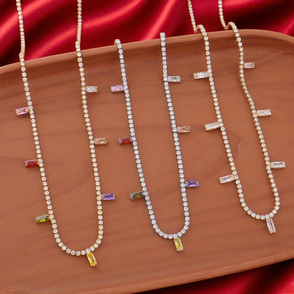 Fashion Colorful Cubic Zirconia Stainless Steel Necklace For Women 18K Gold Plated Fashion Waterproof Jewelry Gifts