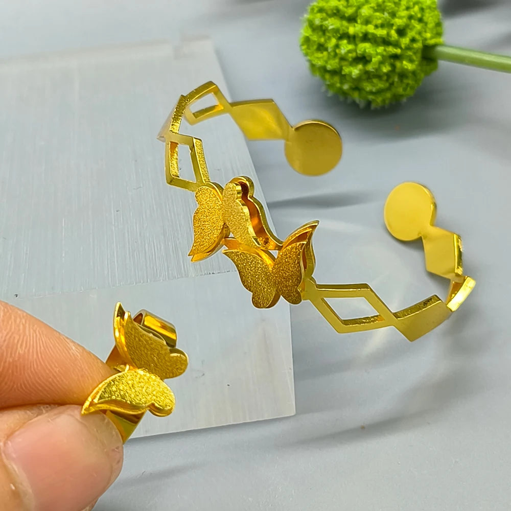 18k Gold Color Stainless Steel Bracelets Rings Adjustable Jewelry on Hand Couple Fashion Bangles Jewellery Accessories Gift