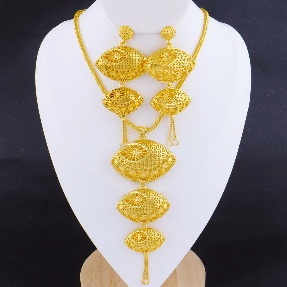 Dubai Hollow Design 18K Gold Plated Chain Necklace Charms Earrings for Women Jewelry Set for Daily Wear Party Wedding Gift