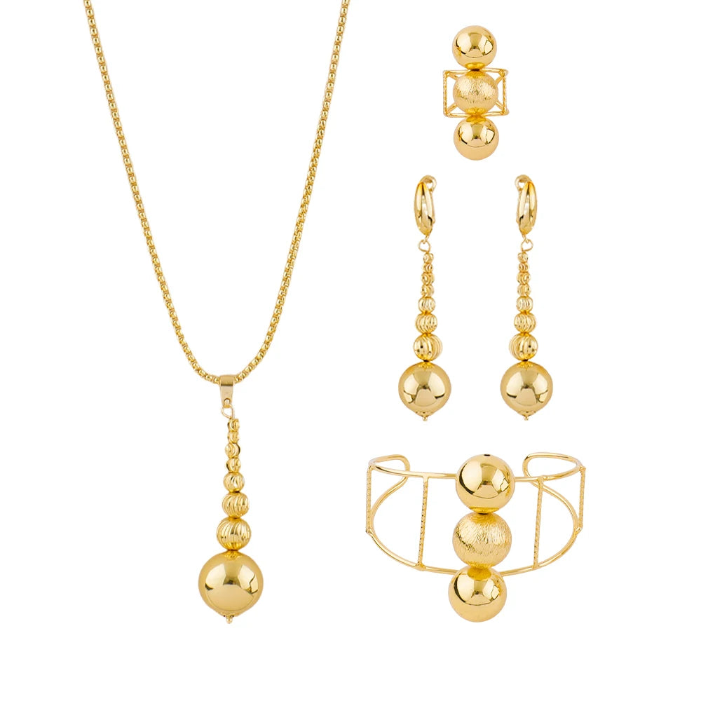Dubai Beads Design Earrings Pendant Bangle Ring Lady Elegant Jewelry Set Luxury Copper Gold Plated Vintage Jewelry Set for Women
