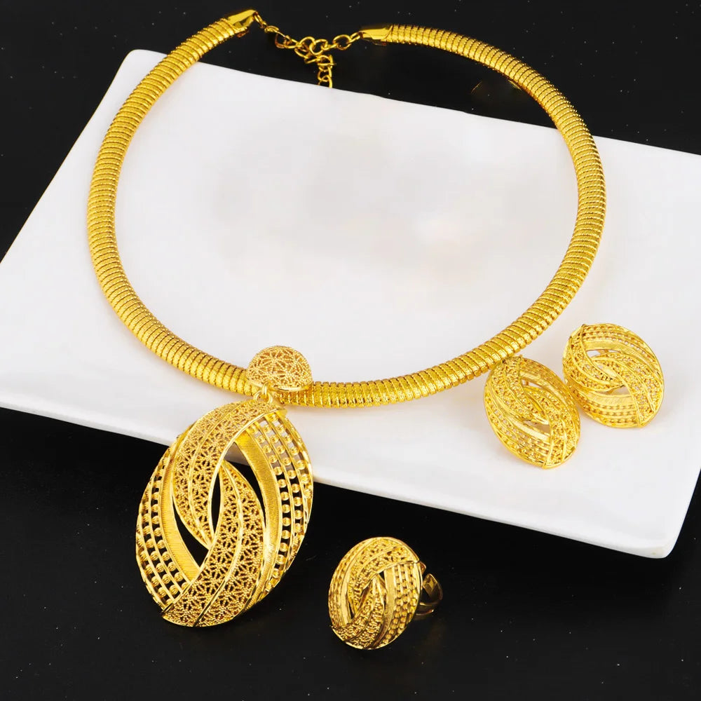 Gold plated Copper Jewelry Set India Dubai Gold Jewelry Nigerian Jewelery Set Wedding Jewelry Bridal Necklace Earring Ring Gift