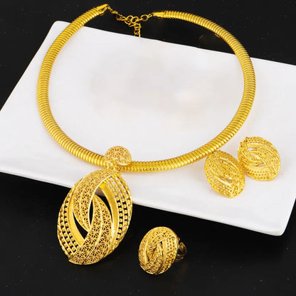 Gold plated Copper Jewelry Set India Dubai Gold Jewelry Nigerian Jewelery Set Wedding Jewelry Bridal Necklace Earring Ring Gift