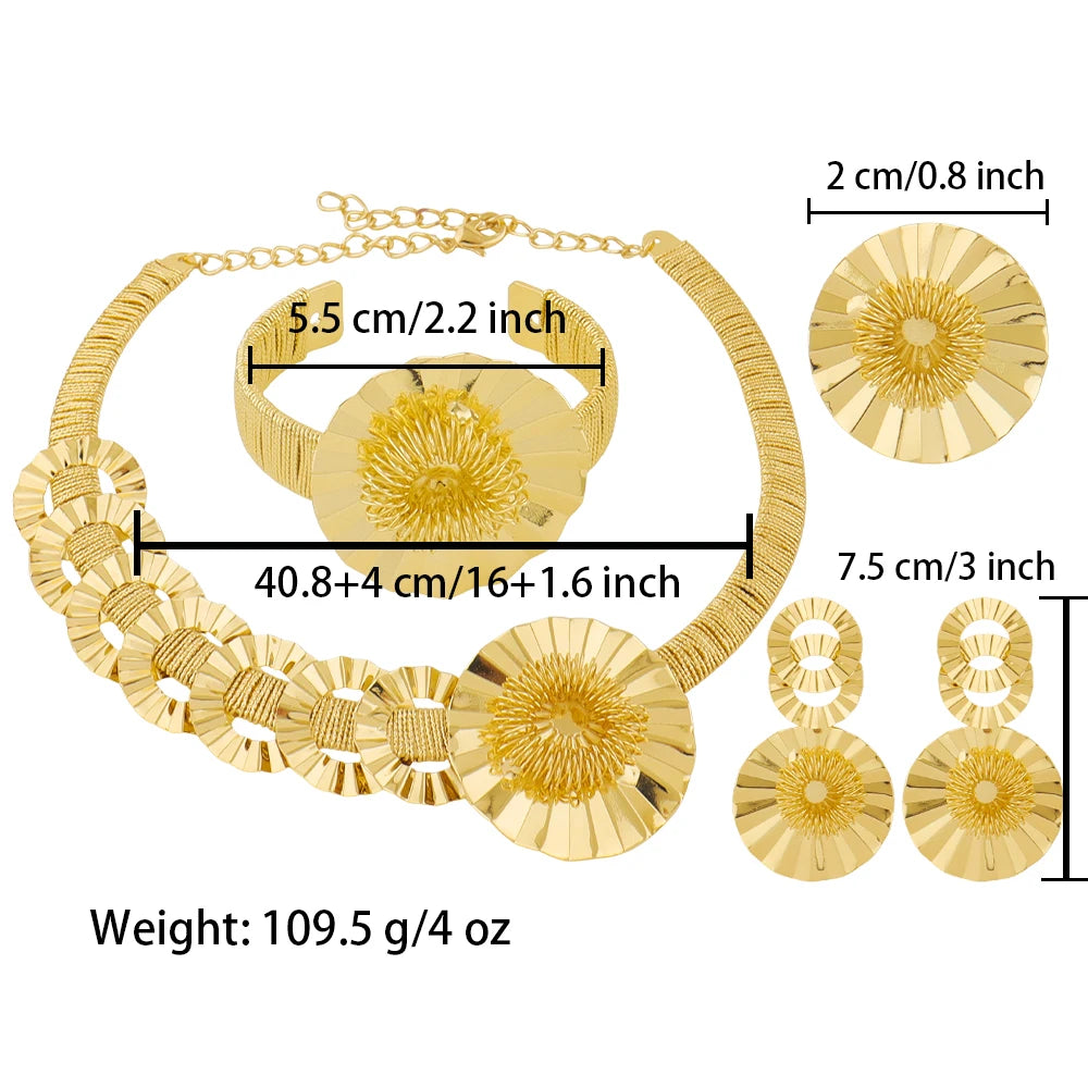 Dubai Gold Plated Big Flower Necklace Earrings Bracelet Ring Jewelry Set for Women Noble Shine Desgin Gift for Party Wedding