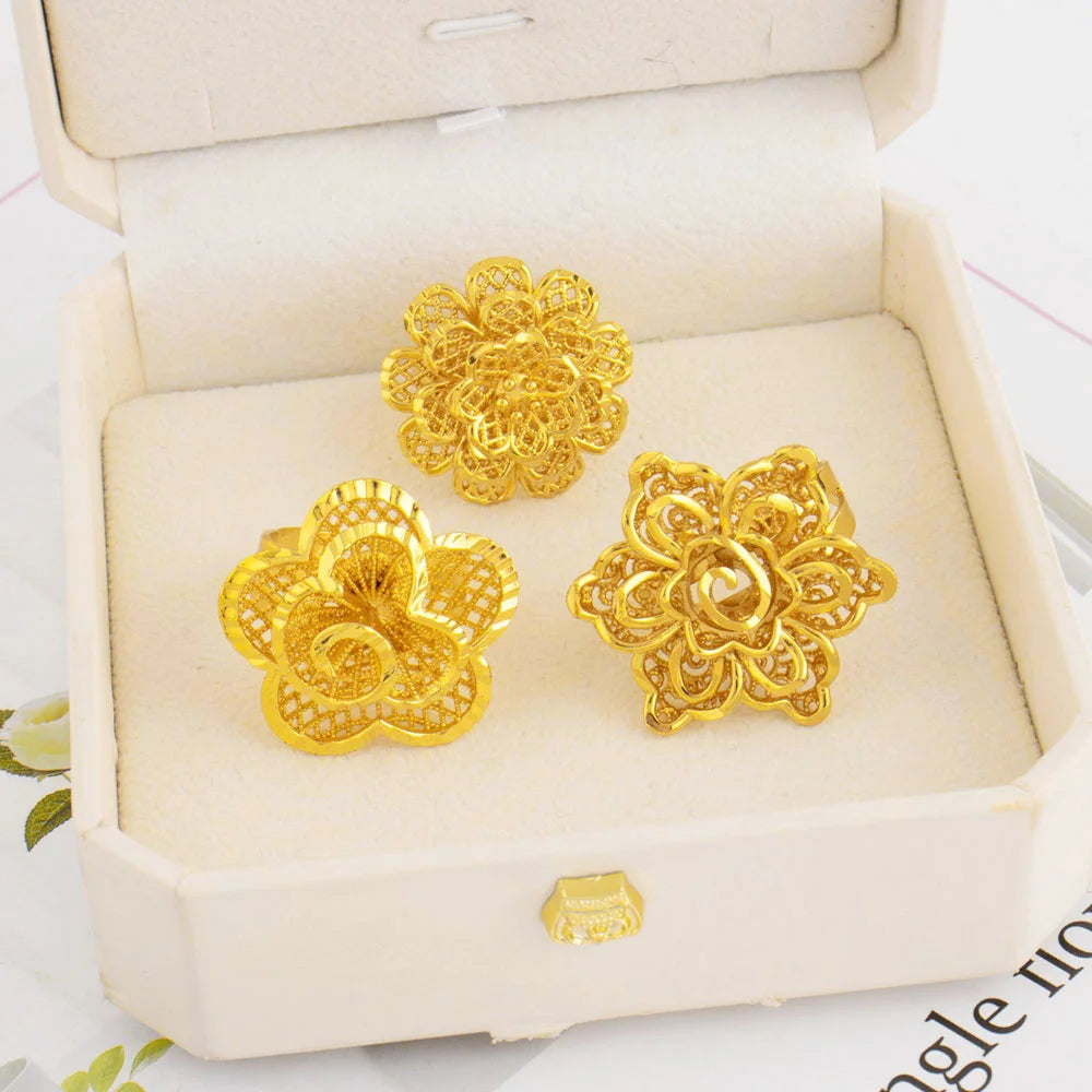 Ethiopia Dubai Flower Gold Color Arab Rings Resizable For Women 18K Gold Plated Wedding Jewelry African Party Gift