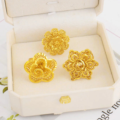 Ethiopia Dubai Flower Gold Color Arab Rings Resizable For Women 18K Gold Plated Wedding Jewelry African Party Gift