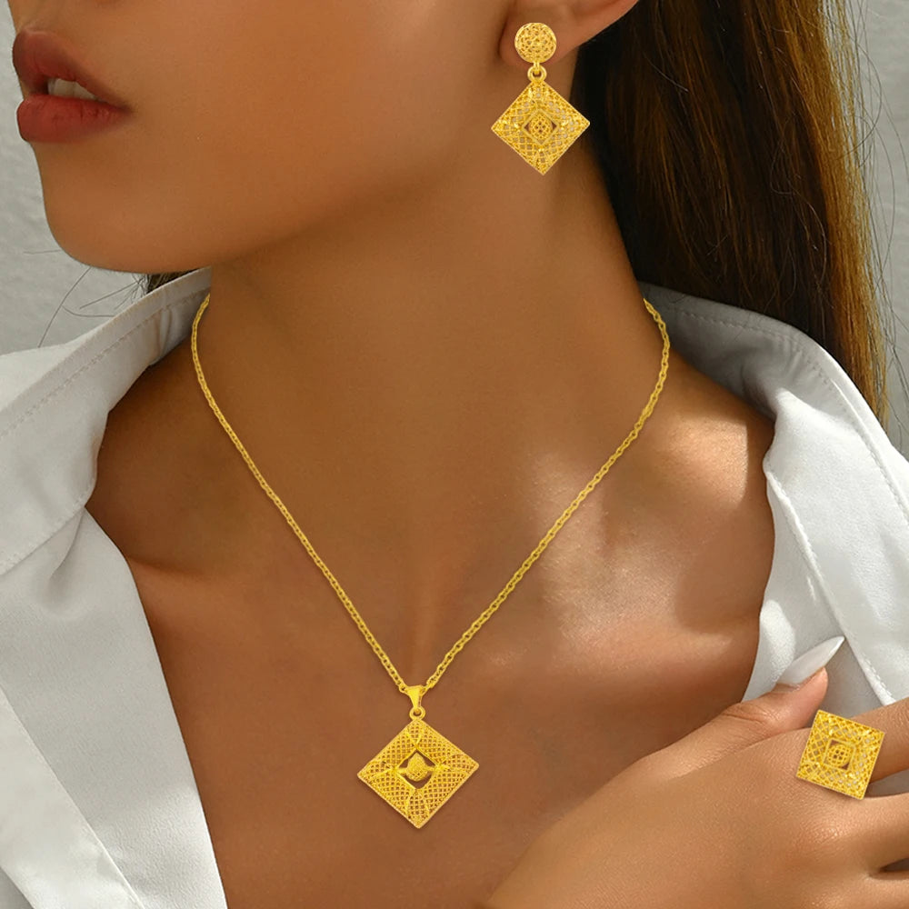 Mid East plated 3pcs Jewelry Set For Women India Dubai Jewelry Geometry Earrings Necklace Ring Set Apply for Party Wedding