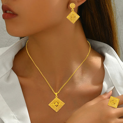 Mid East plated 3pcs Jewelry Set For Women India Dubai Jewelry Geometry Earrings Necklace Ring Set Apply for Party Wedding
