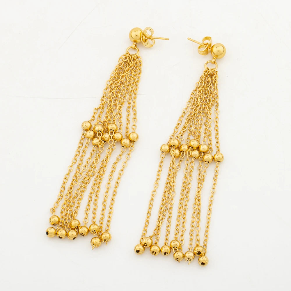 Luxury Gold Color Jewelry Set for Bridal Small Beads Design Tassel Necklace and Dangle Earrings African Hand Bracelet Jewelry