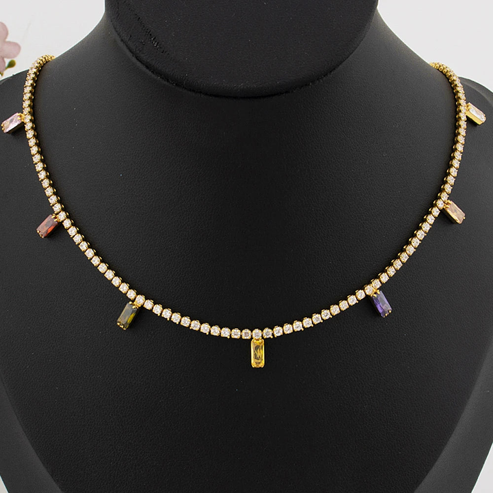 18K Gold France/Italy Stainless Steel CZ Necklace, Hypoallergenic Clavicle Chain Gift for Graduate Women, Colorful Jewelry Set