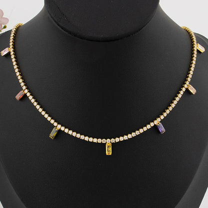 18K Gold France/Italy Stainless Steel CZ Necklace, Hypoallergenic Clavicle Chain Gift for Graduate Women, Colorful Jewelry Set