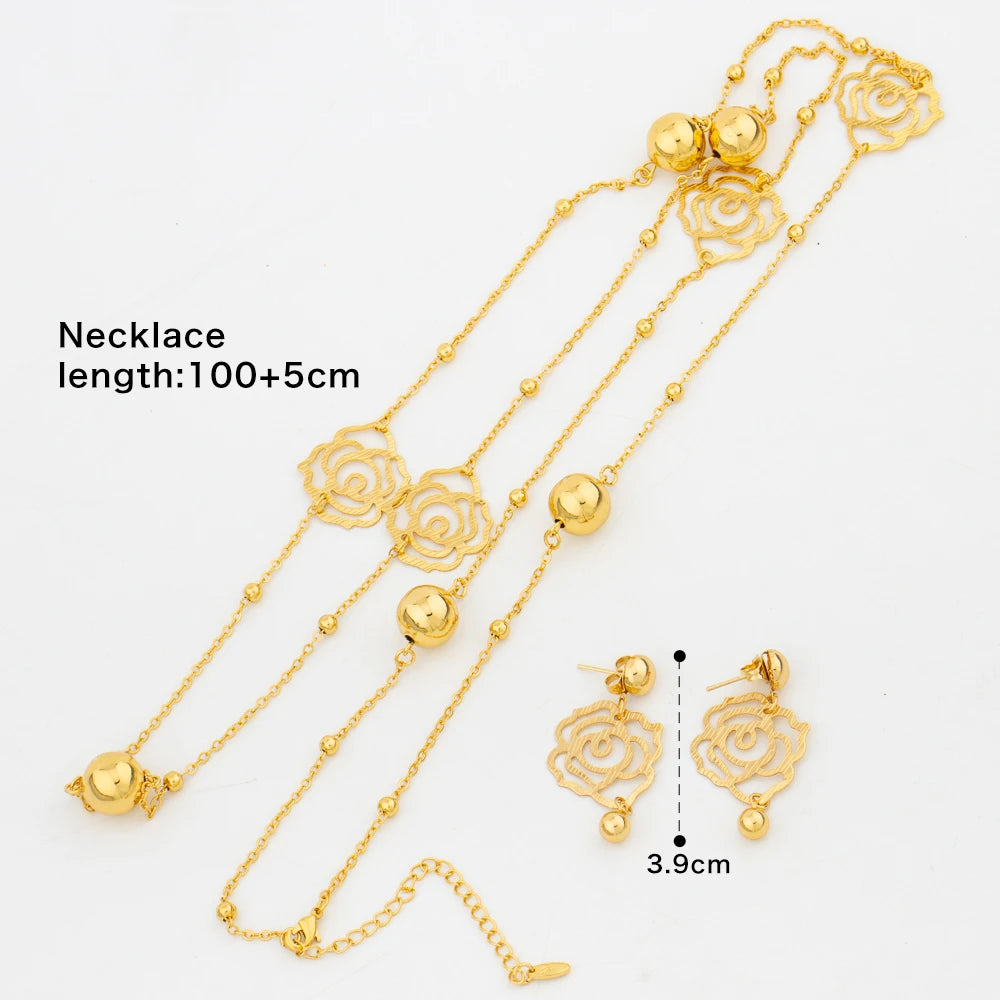 Dubai Bead Chain & Rose Flower Pendant Set, Long Necklace Earring Set for Bride Luxury Jewelry Sets Women Gift