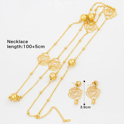 Dubai Bead Chain & Rose Flower Pendant Set, Long Necklace Earring Set for Bride Luxury Jewelry Sets Women Gift